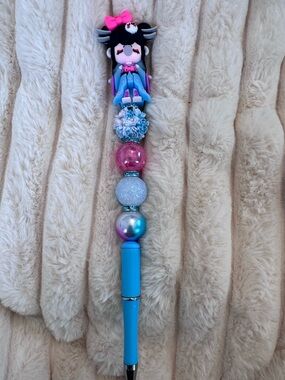 Cute Blue Character Ballpoint Pen for writing with Decorative Beads!